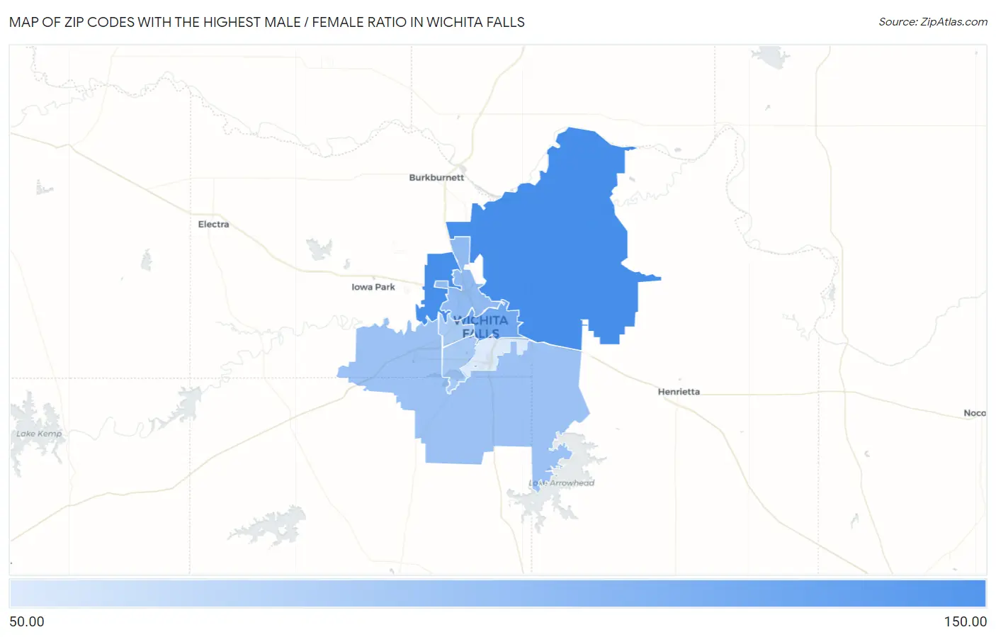 Zip Codes with the Highest Male / Female Ratio in Wichita Falls Map
