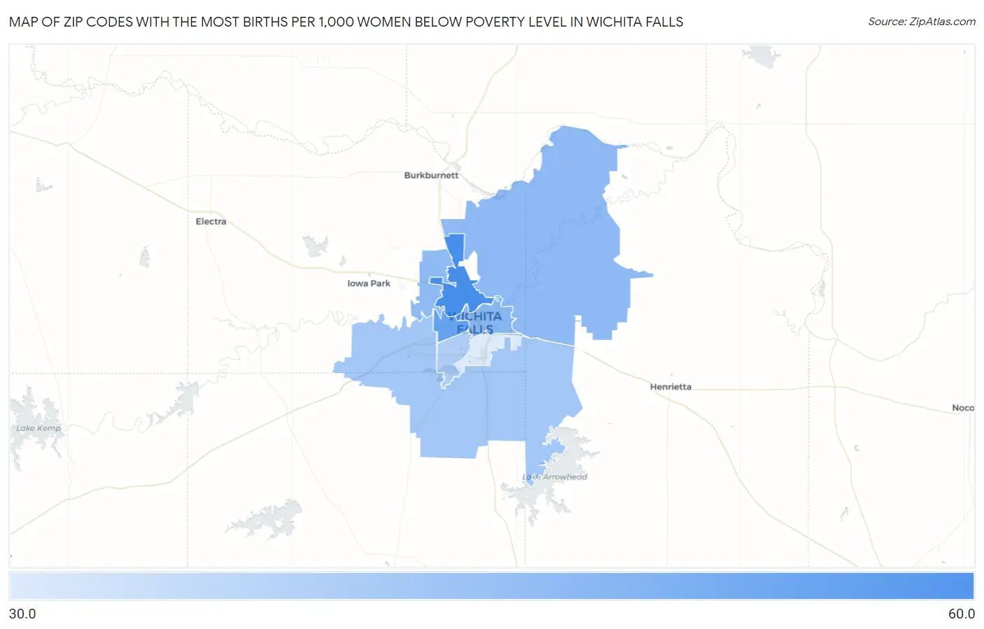 Zip Codes with the Most Births per 1,000 Women Below Poverty Level in Wichita Falls Map