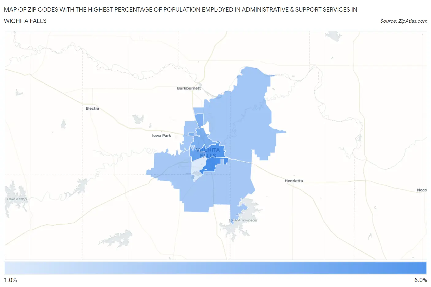 Zip Codes with the Highest Percentage of Population Employed in Administrative & Support Services in Wichita Falls Map