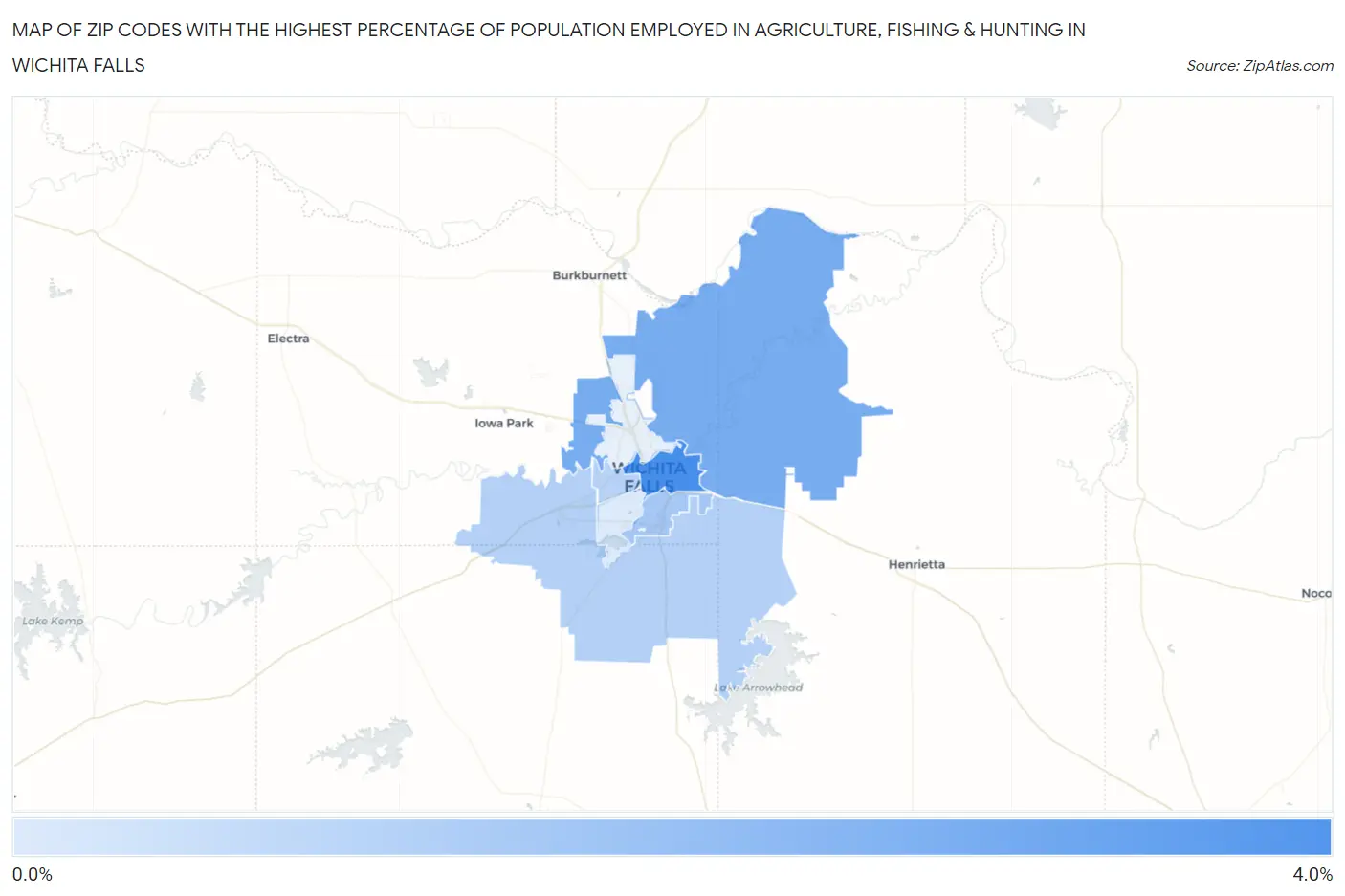 Zip Codes with the Highest Percentage of Population Employed in Agriculture, Fishing & Hunting in Wichita Falls Map