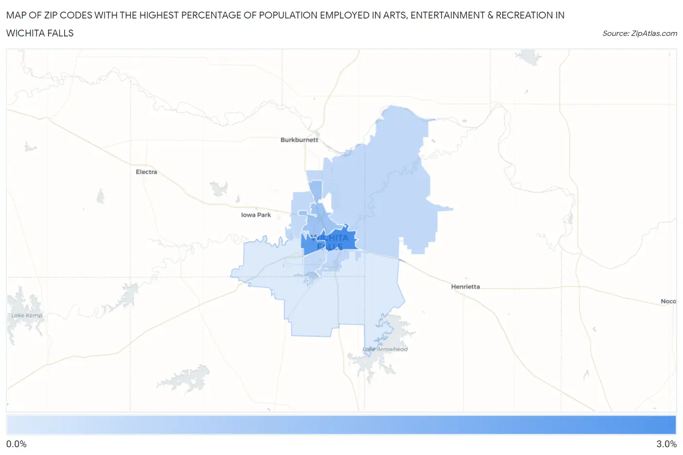 Zip Codes with the Highest Percentage of Population Employed in Arts, Entertainment & Recreation in Wichita Falls Map