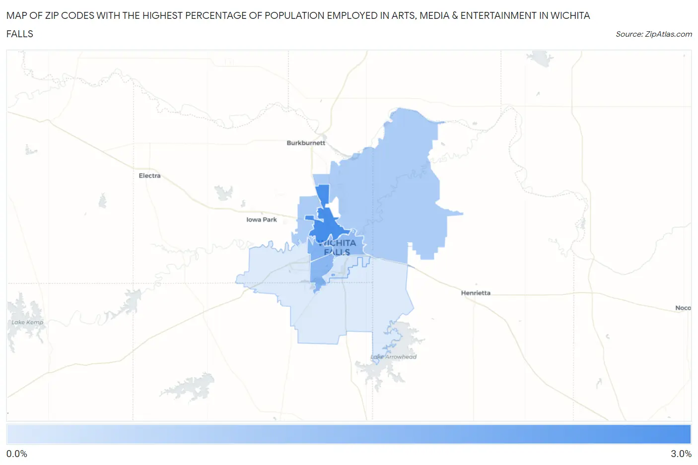 Zip Codes with the Highest Percentage of Population Employed in Arts, Media & Entertainment in Wichita Falls Map