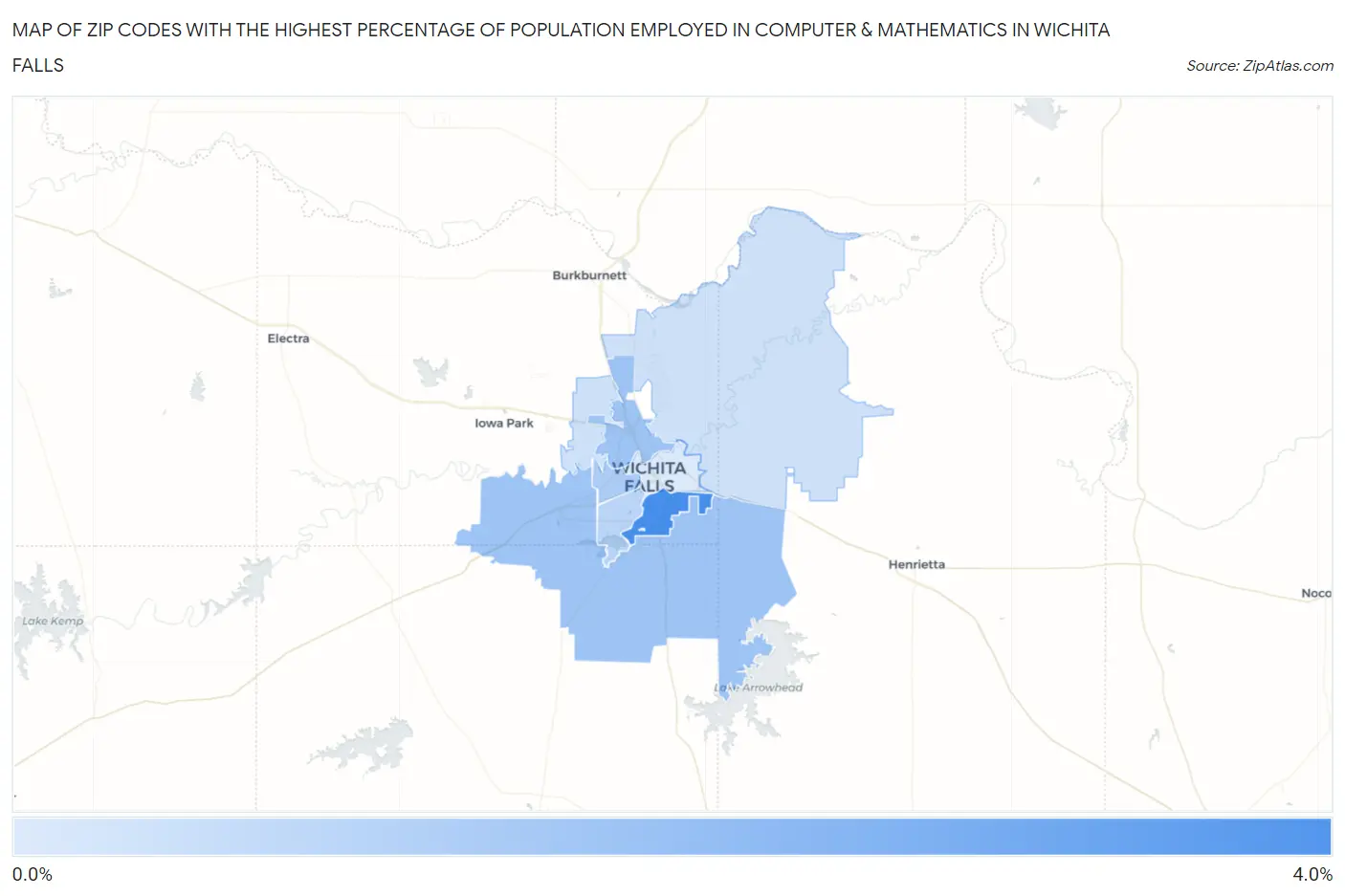 Zip Codes with the Highest Percentage of Population Employed in Computer & Mathematics in Wichita Falls Map