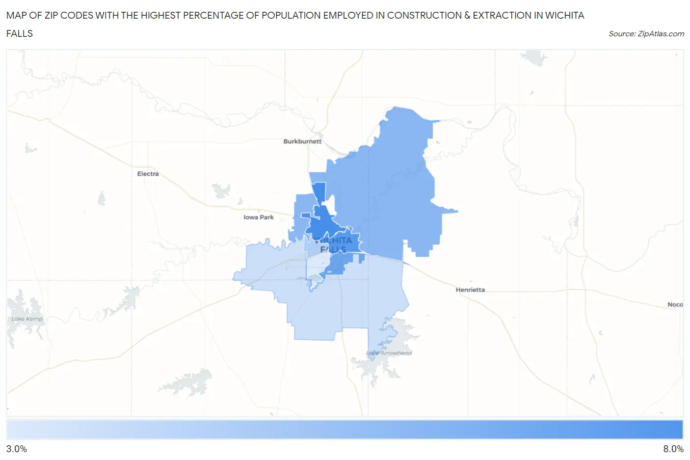 Zip Codes with the Highest Percentage of Population Employed in Construction & Extraction in Wichita Falls Map