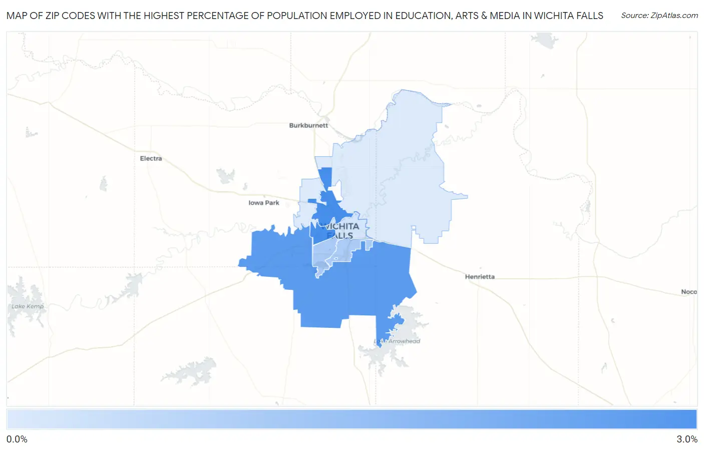 Zip Codes with the Highest Percentage of Population Employed in Education, Arts & Media in Wichita Falls Map