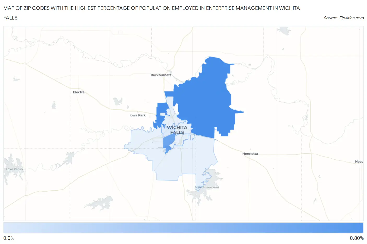 Zip Codes with the Highest Percentage of Population Employed in Enterprise Management in Wichita Falls Map