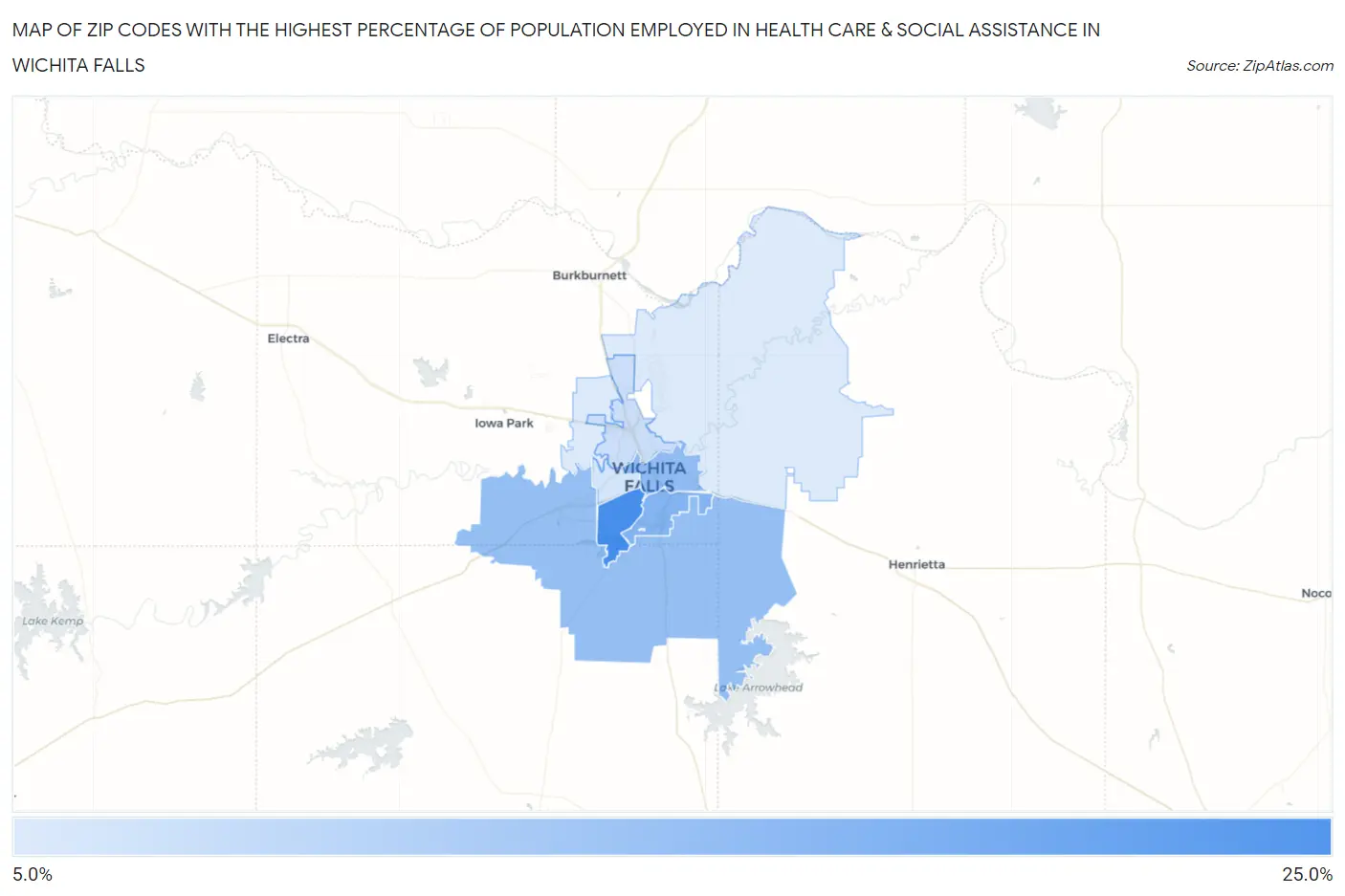 Zip Codes with the Highest Percentage of Population Employed in Health Care & Social Assistance in Wichita Falls Map
