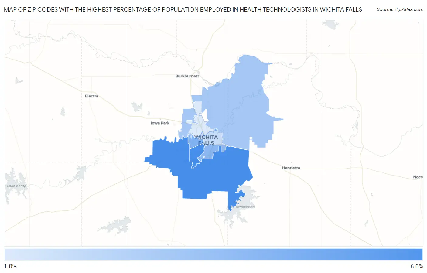 Zip Codes with the Highest Percentage of Population Employed in Health Technologists in Wichita Falls Map