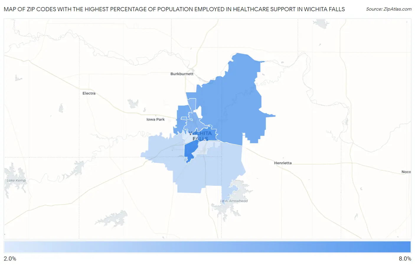 Zip Codes with the Highest Percentage of Population Employed in Healthcare Support in Wichita Falls Map