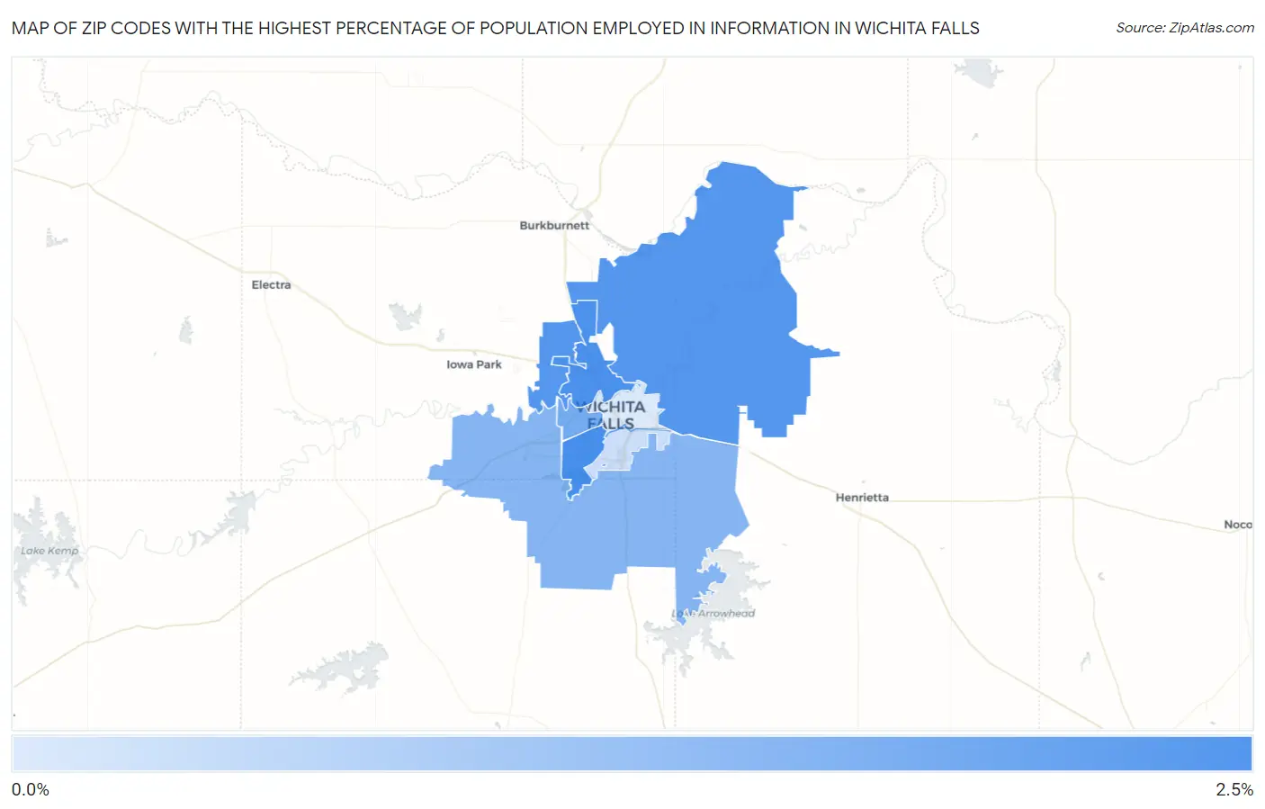 Zip Codes with the Highest Percentage of Population Employed in Information in Wichita Falls Map