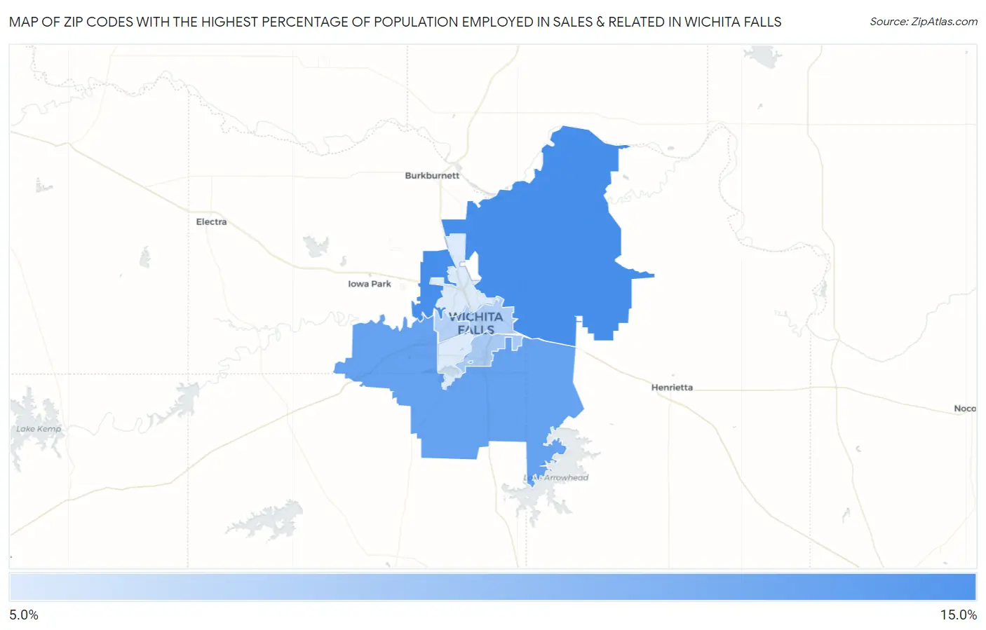 Zip Codes with the Highest Percentage of Population Employed in Sales & Related in Wichita Falls Map