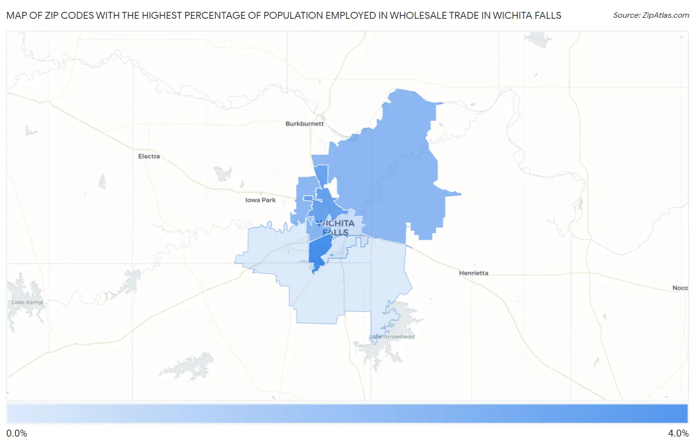 Zip Codes with the Highest Percentage of Population Employed in Wholesale Trade in Wichita Falls Map