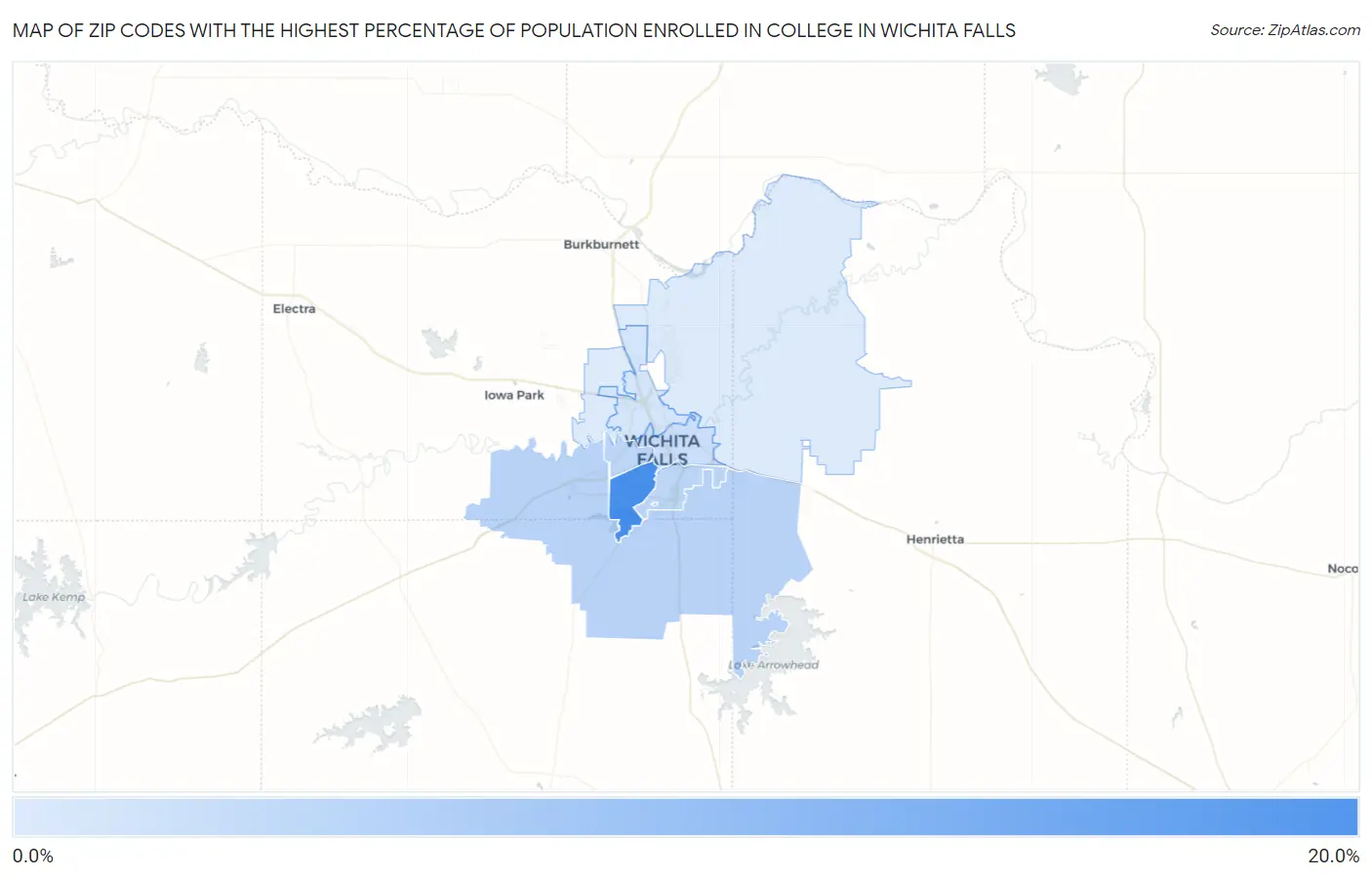 Zip Codes with the Highest Percentage of Population Enrolled in College in Wichita Falls Map