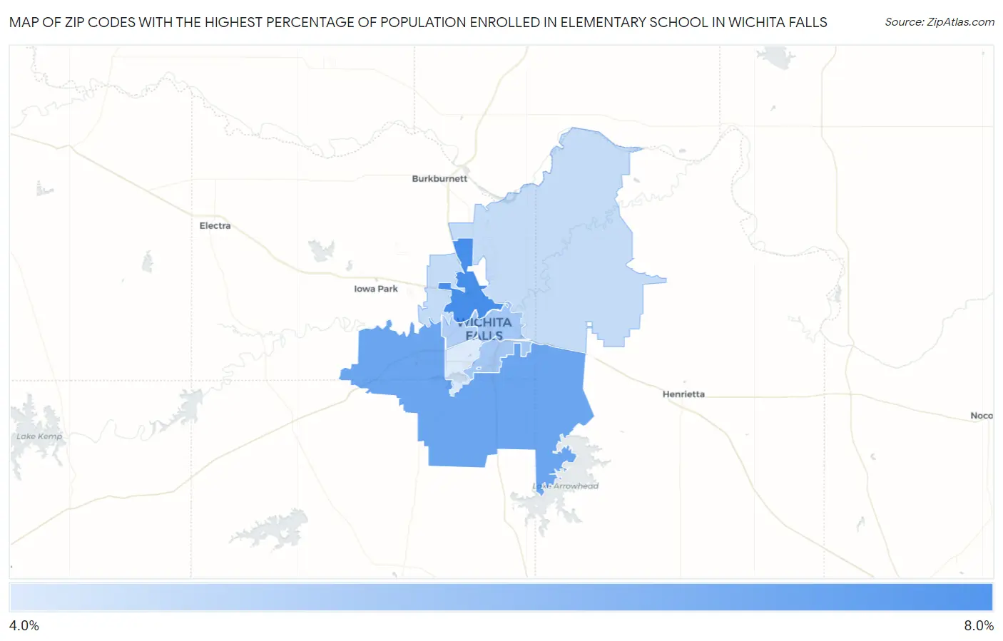 Zip Codes with the Highest Percentage of Population Enrolled in Elementary School in Wichita Falls Map