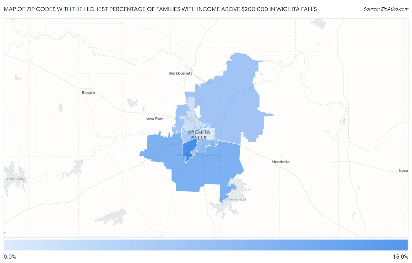 Zip Codes with the Highest Percentage of Families with Income Above $200,000 in Wichita Falls Map
