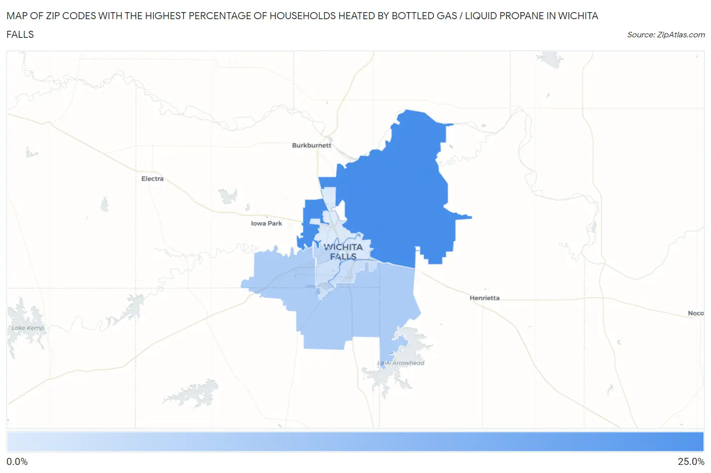 Zip Codes with the Highest Percentage of Households Heated by Bottled Gas / Liquid Propane in Wichita Falls Map