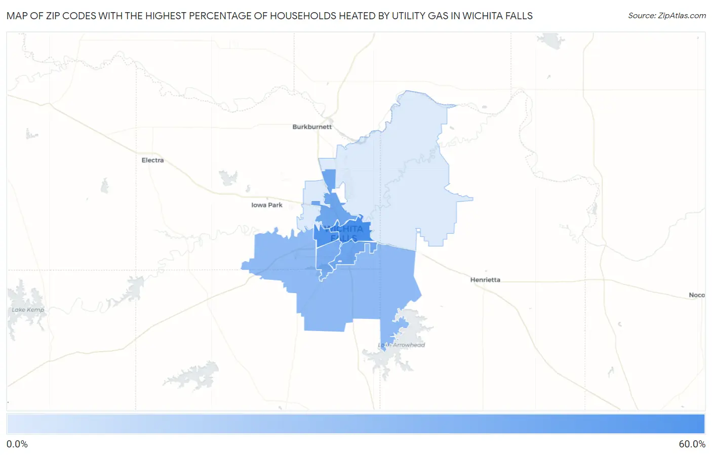 Zip Codes with the Highest Percentage of Households Heated by Utility Gas in Wichita Falls Map