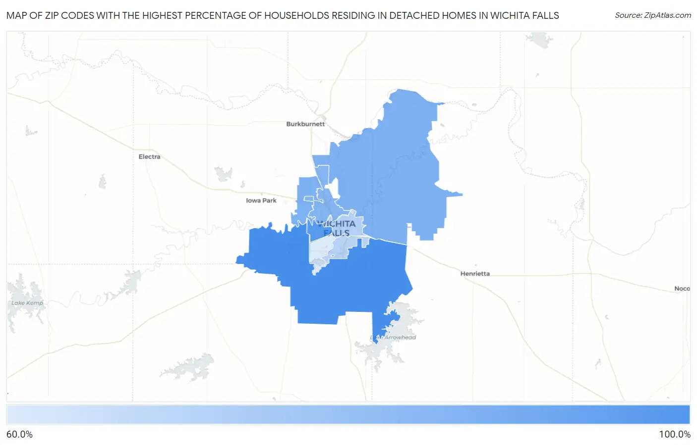 Zip Codes with the Highest Percentage of Households Residing in Detached Homes in Wichita Falls Map
