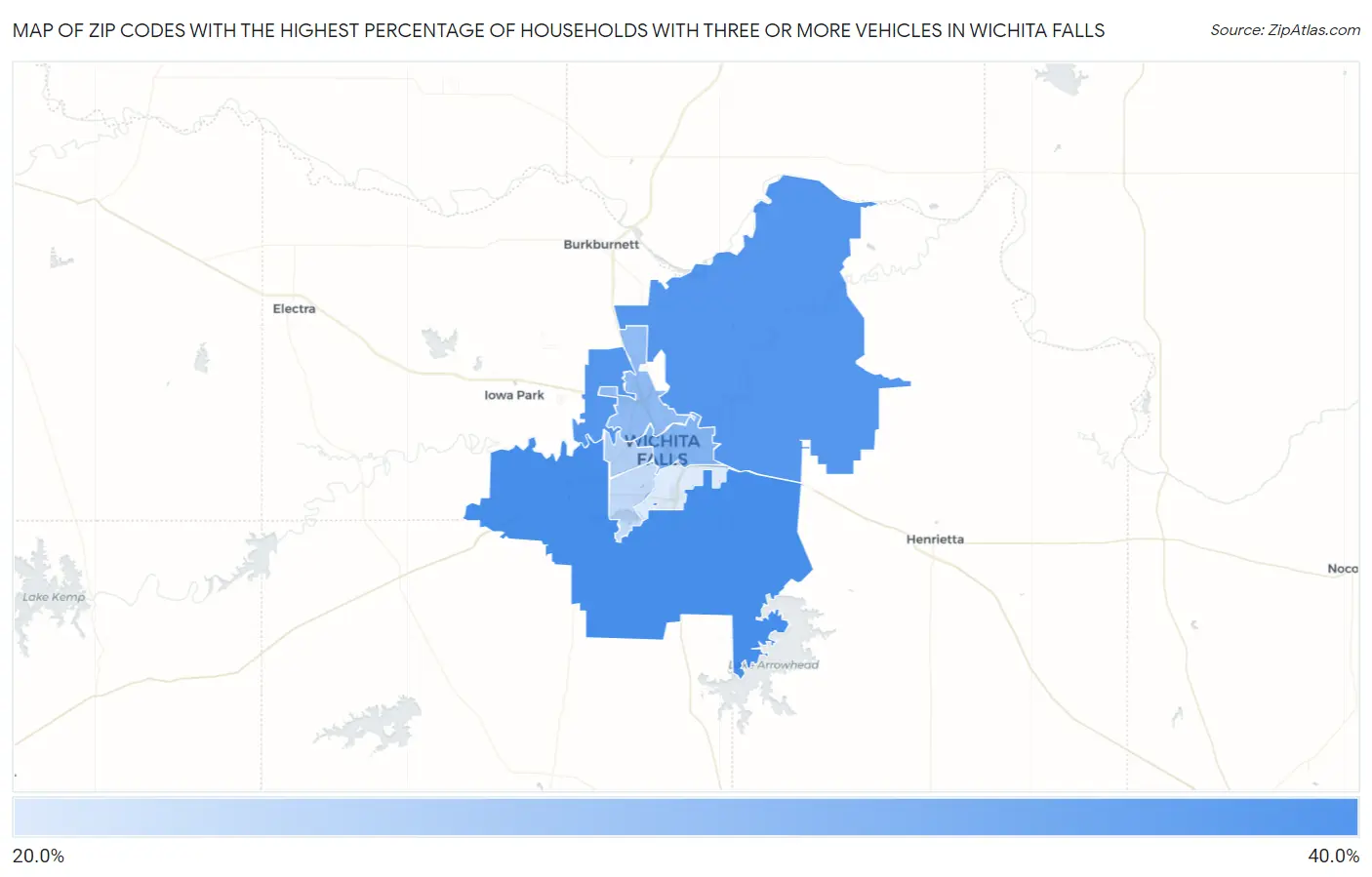 Zip Codes with the Highest Percentage of Households With Three or more Vehicles in Wichita Falls Map