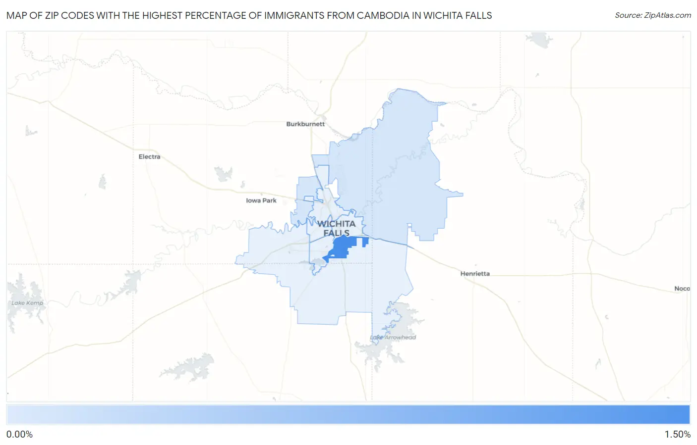 Zip Codes with the Highest Percentage of Immigrants from Cambodia in Wichita Falls Map