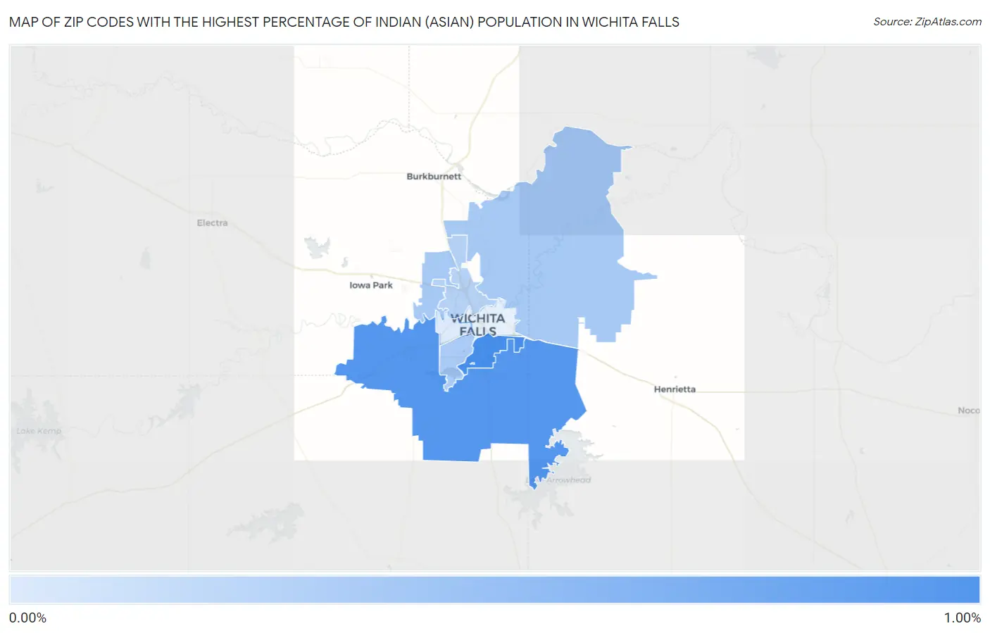 Zip Codes with the Highest Percentage of Indian (Asian) Population in Wichita Falls Map