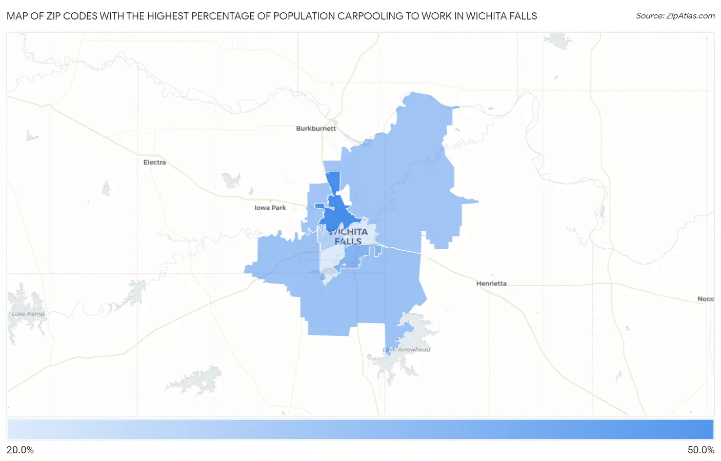 Zip Codes with the Highest Percentage of Population Carpooling to Work in Wichita Falls Map