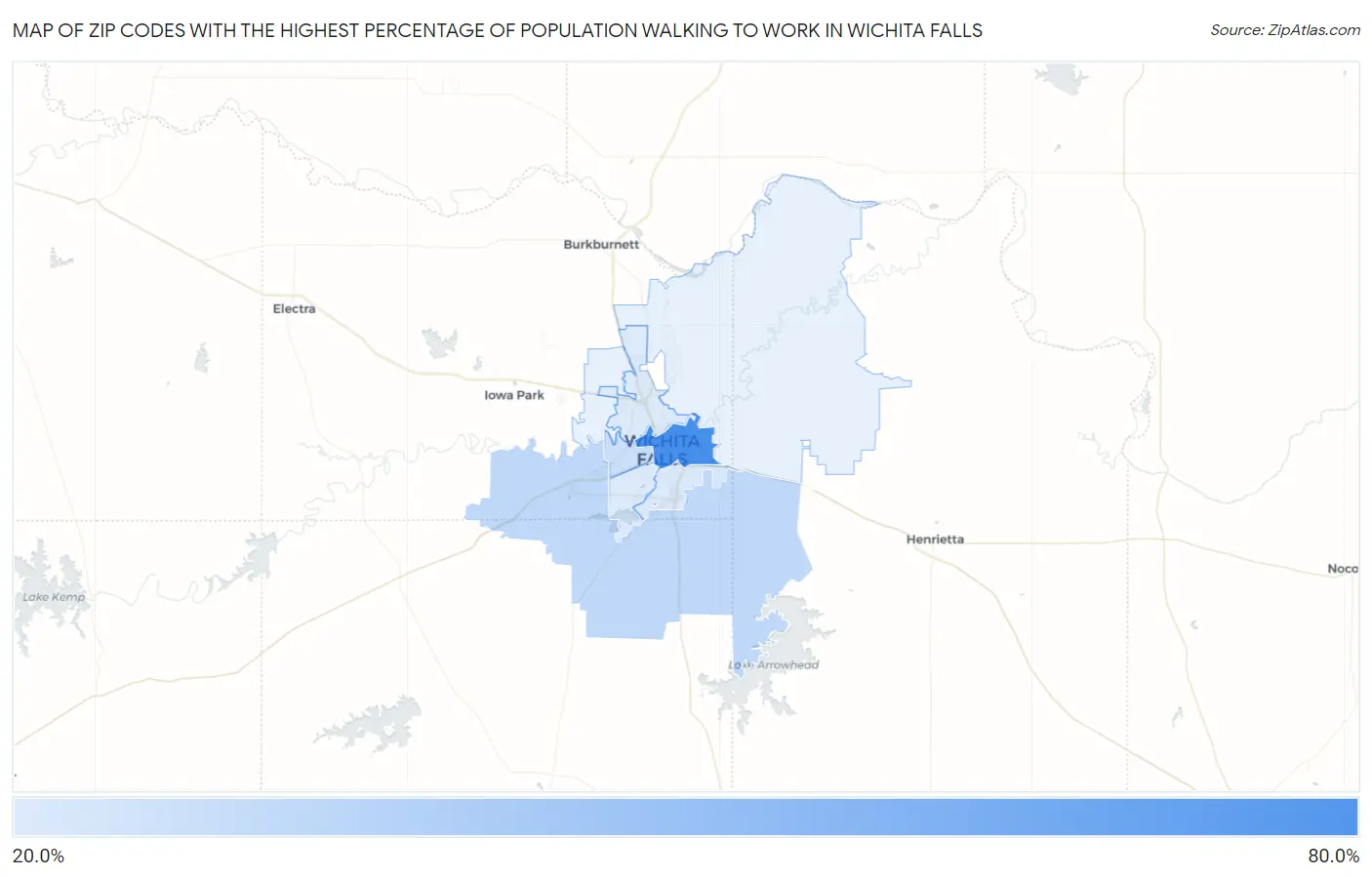 Zip Codes with the Highest Percentage of Population Walking to Work in Wichita Falls Map