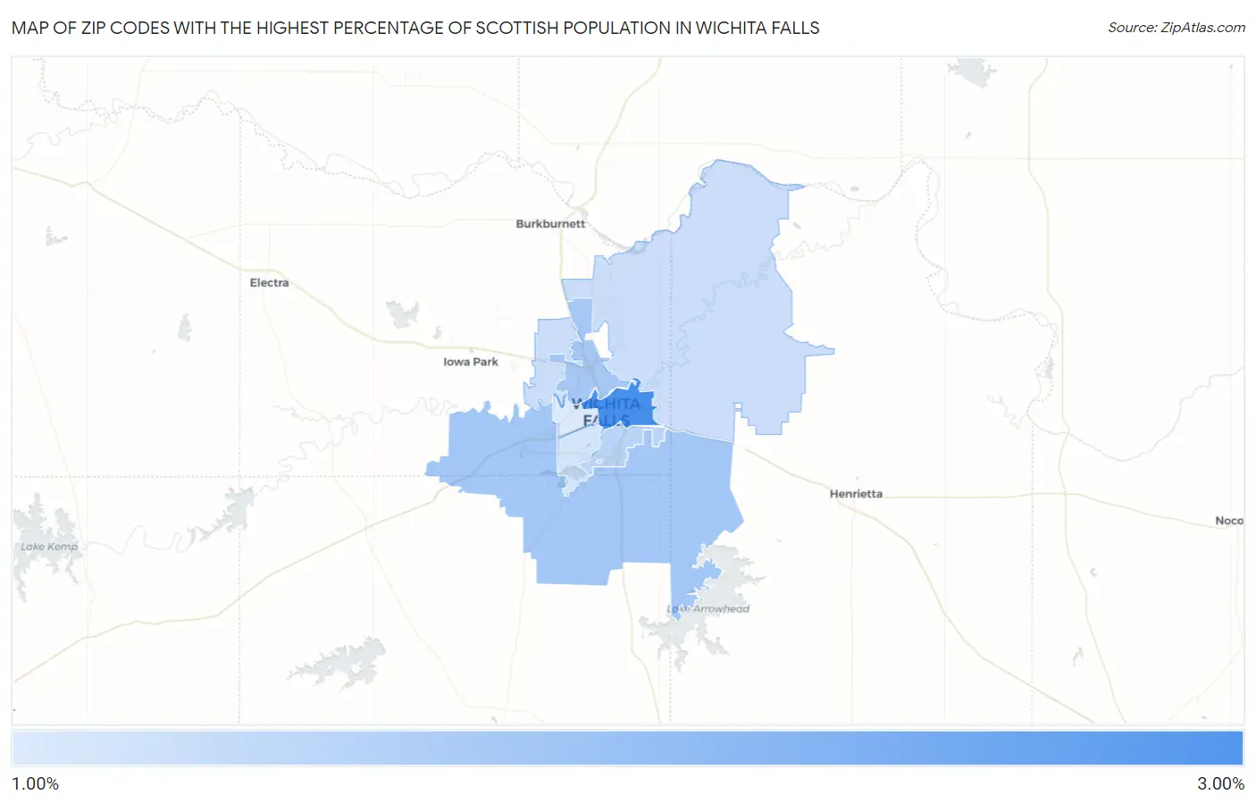 Zip Codes with the Highest Percentage of Scottish Population in Wichita Falls Map