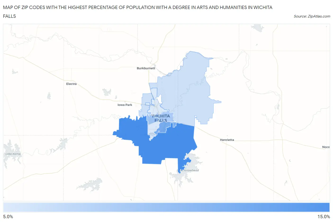Zip Codes with the Highest Percentage of Population with a Degree in Arts and Humanities in Wichita Falls Map