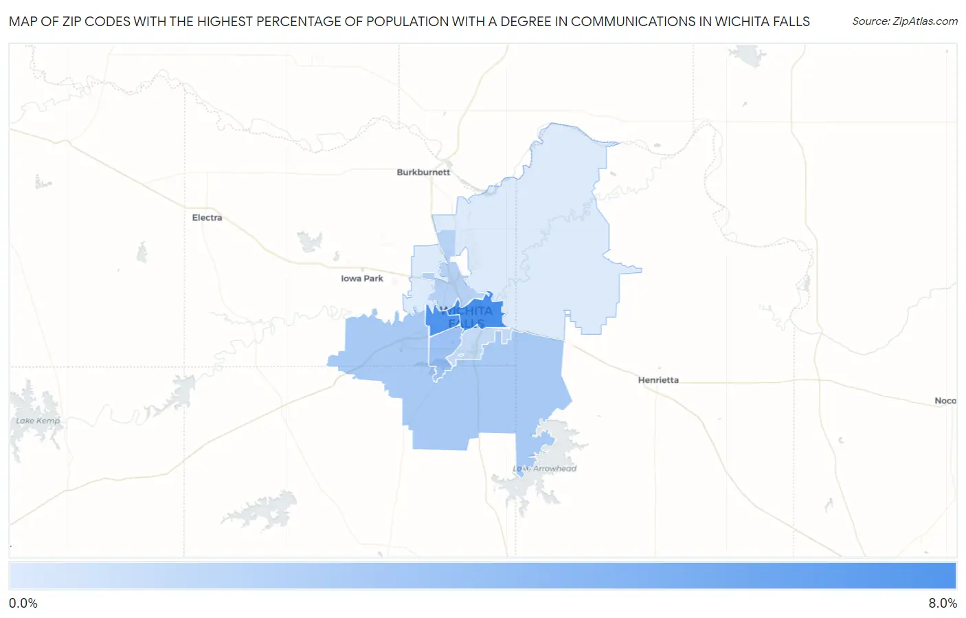 Zip Codes with the Highest Percentage of Population with a Degree in Communications in Wichita Falls Map