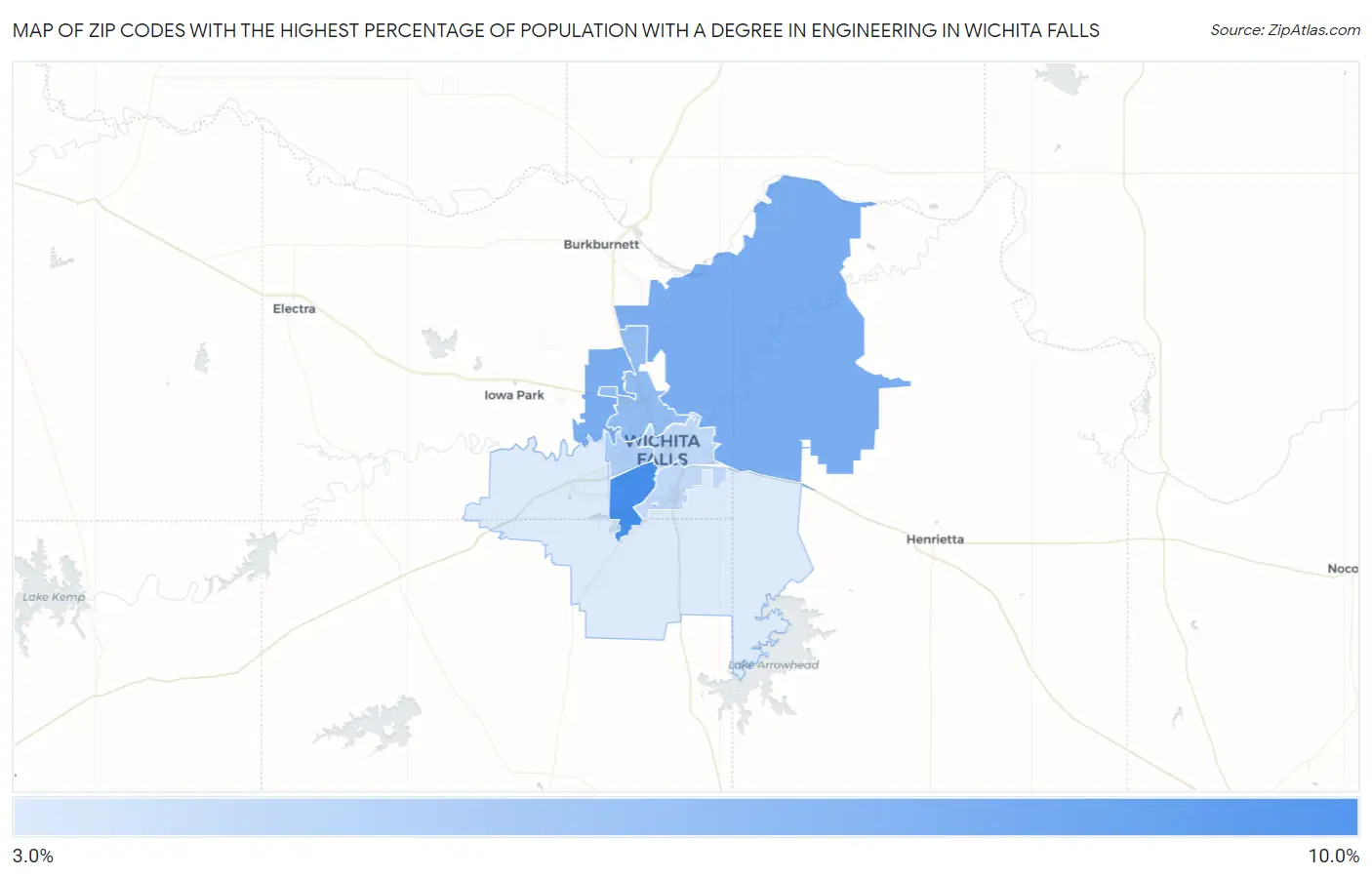 Zip Codes with the Highest Percentage of Population with a Degree in Engineering in Wichita Falls Map