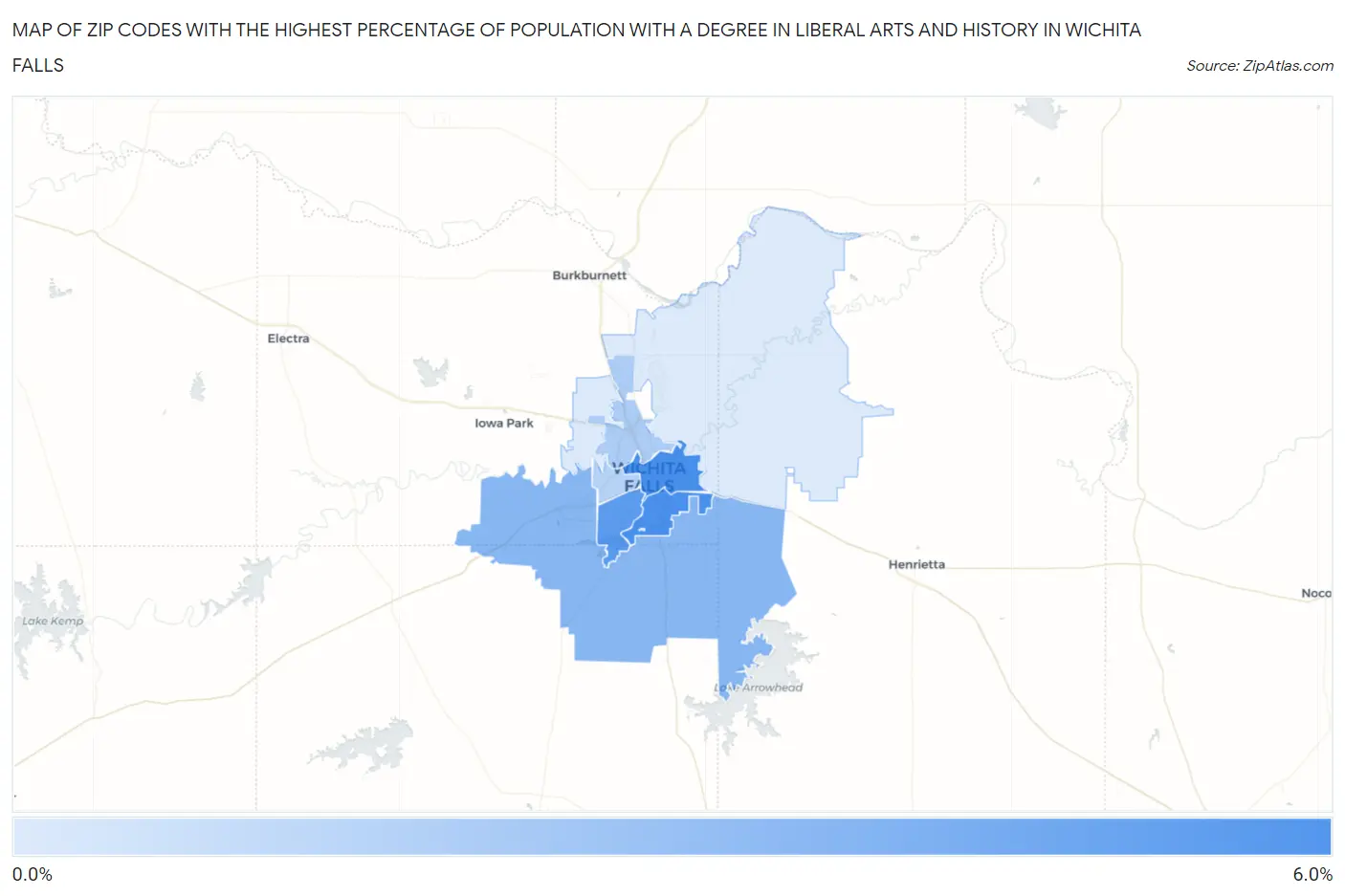 Zip Codes with the Highest Percentage of Population with a Degree in Liberal Arts and History in Wichita Falls Map
