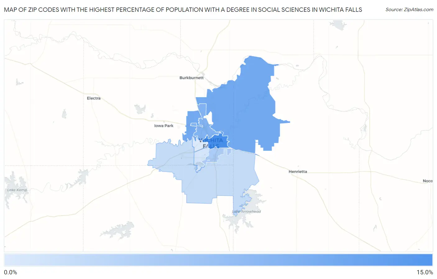 Zip Codes with the Highest Percentage of Population with a Degree in Social Sciences in Wichita Falls Map