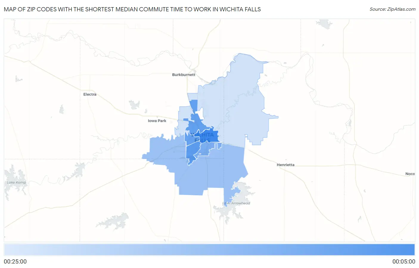 Zip Codes with the Shortest Median Commute Time to Work in Wichita Falls Map