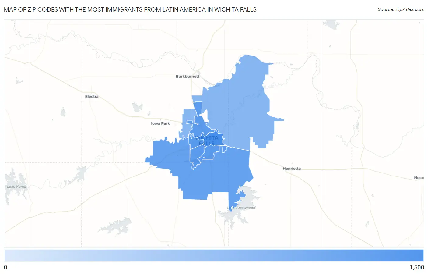 Zip Codes with the Most Immigrants from Latin America in Wichita Falls Map