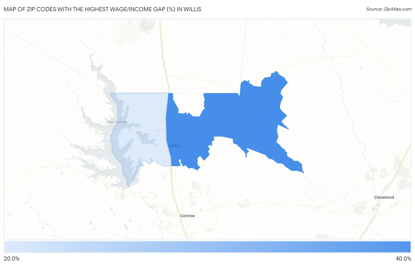 Zip Codes with the Highest Wage/Income Gap (%) in Willis Map