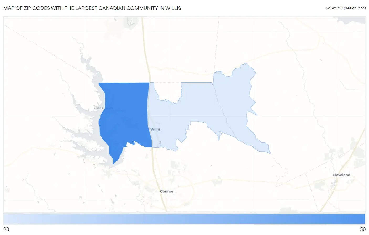 Zip Codes with the Largest Canadian Community in Willis Map