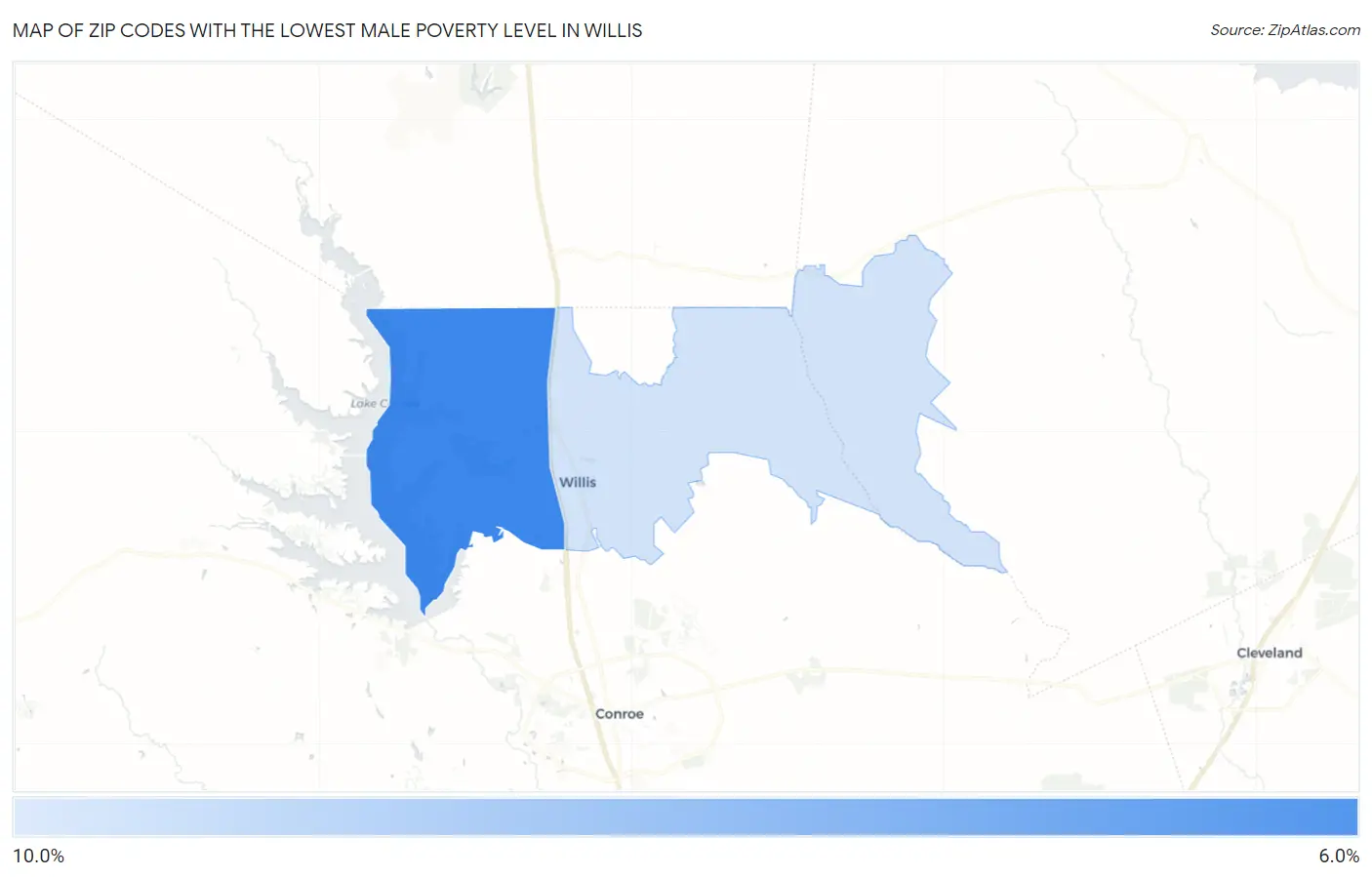 Zip Codes with the Lowest Male Poverty Level in Willis Map