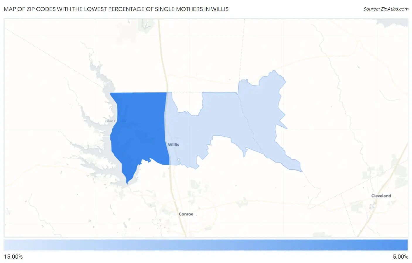 Zip Codes with the Lowest Percentage of Single Mothers in Willis Map