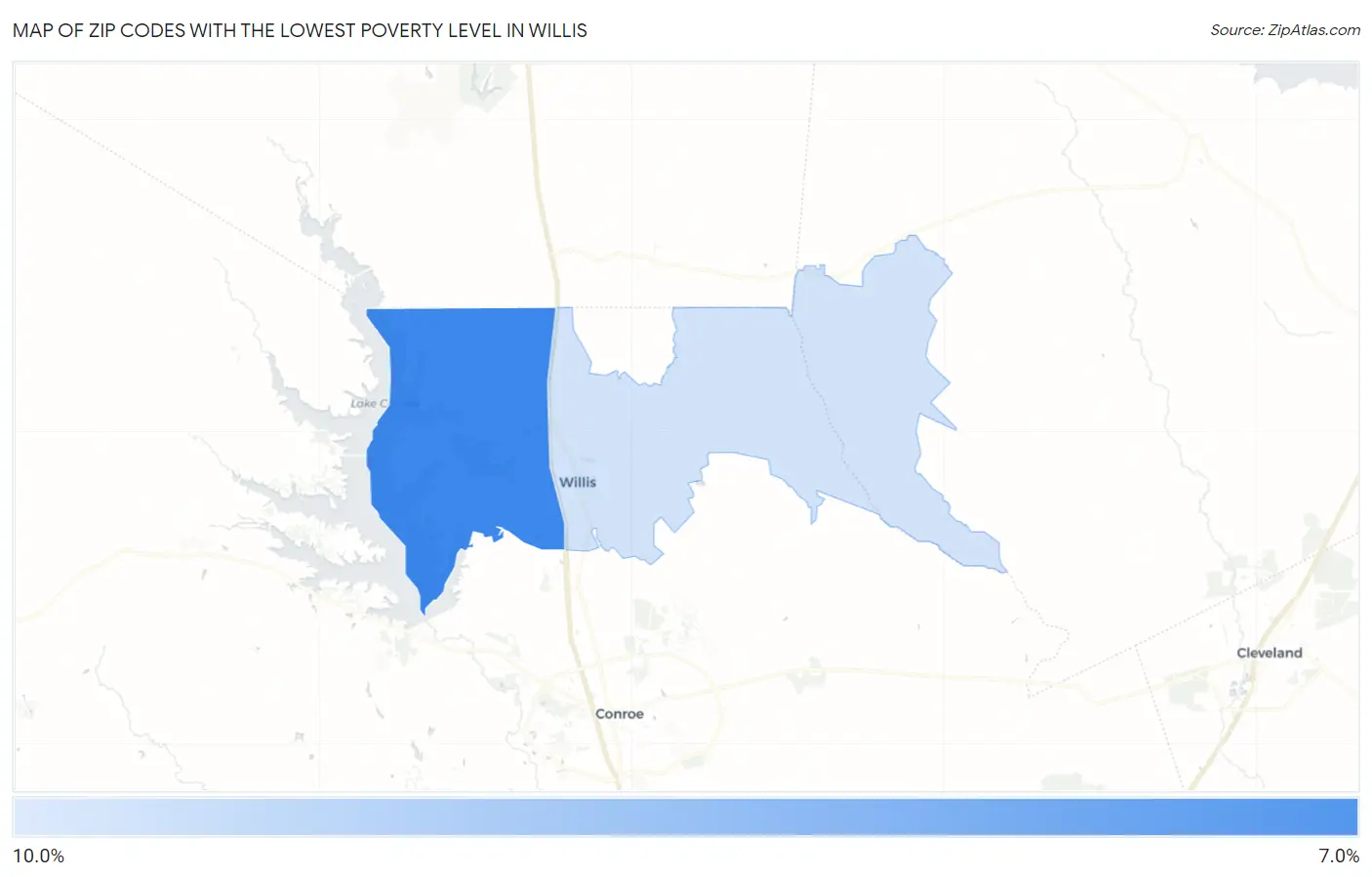 Zip Codes with the Lowest Poverty Level in Willis Map