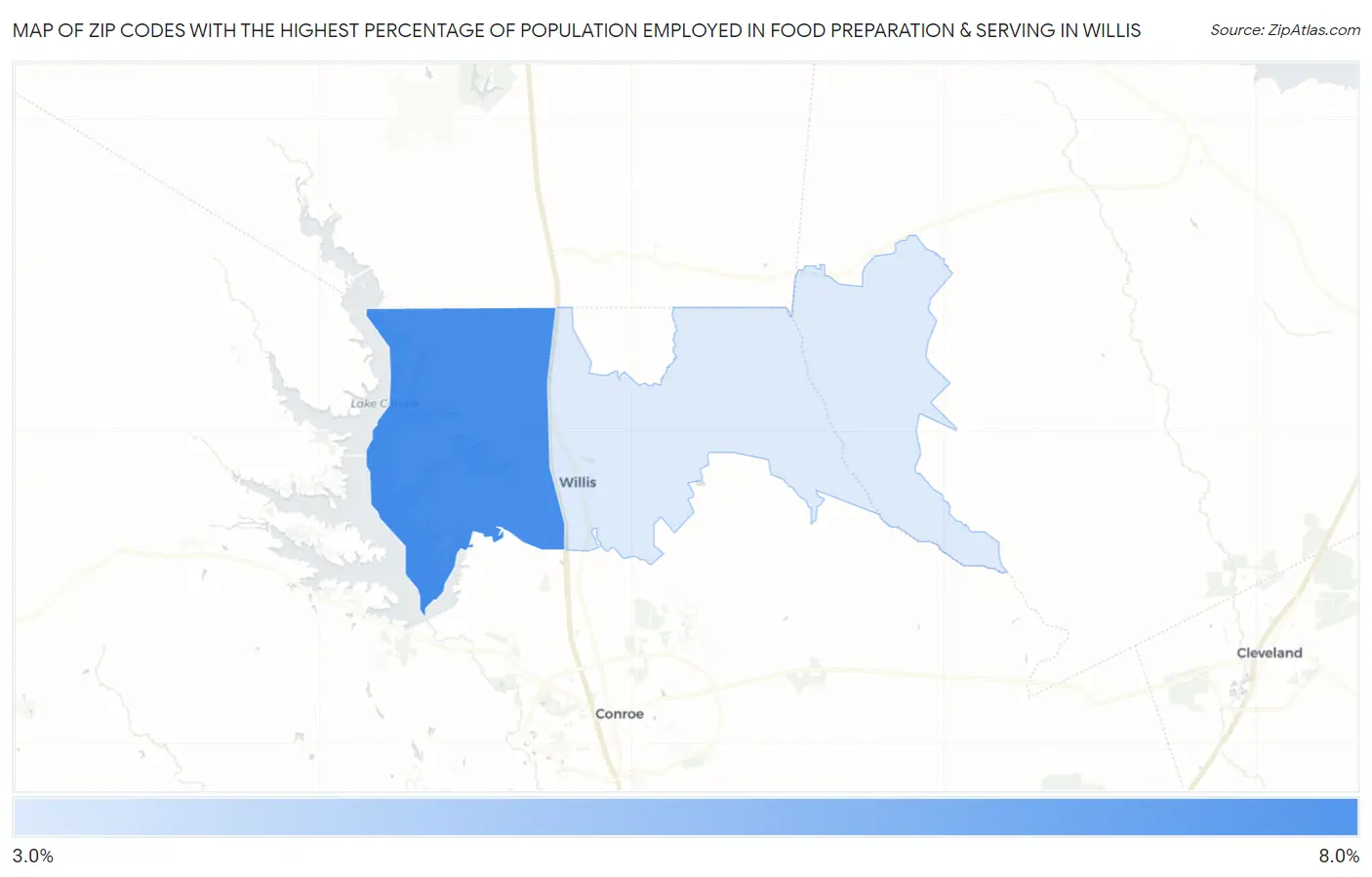 Zip Codes with the Highest Percentage of Population Employed in Food Preparation & Serving in Willis Map