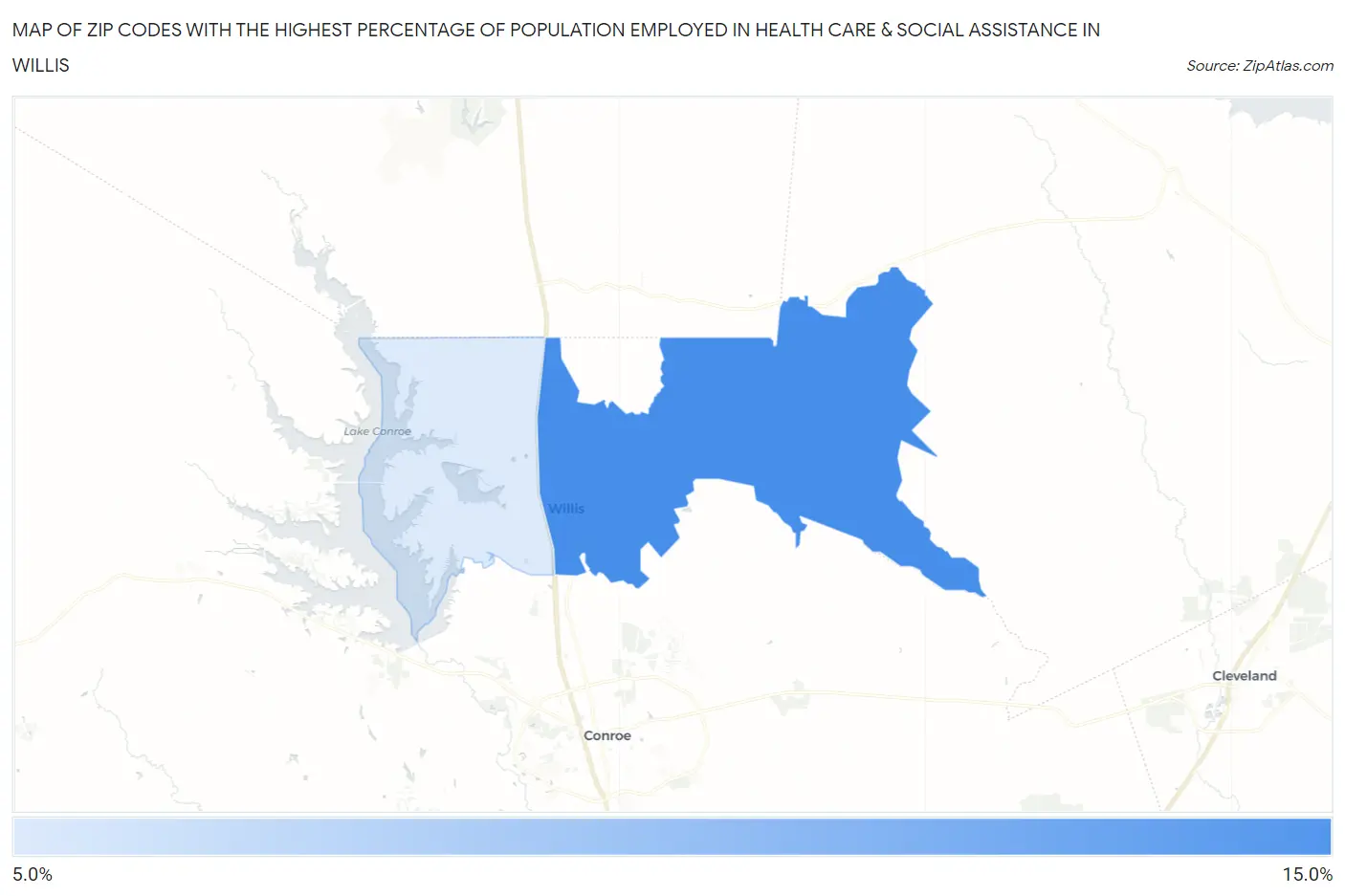 Zip Codes with the Highest Percentage of Population Employed in Health Care & Social Assistance in Willis Map