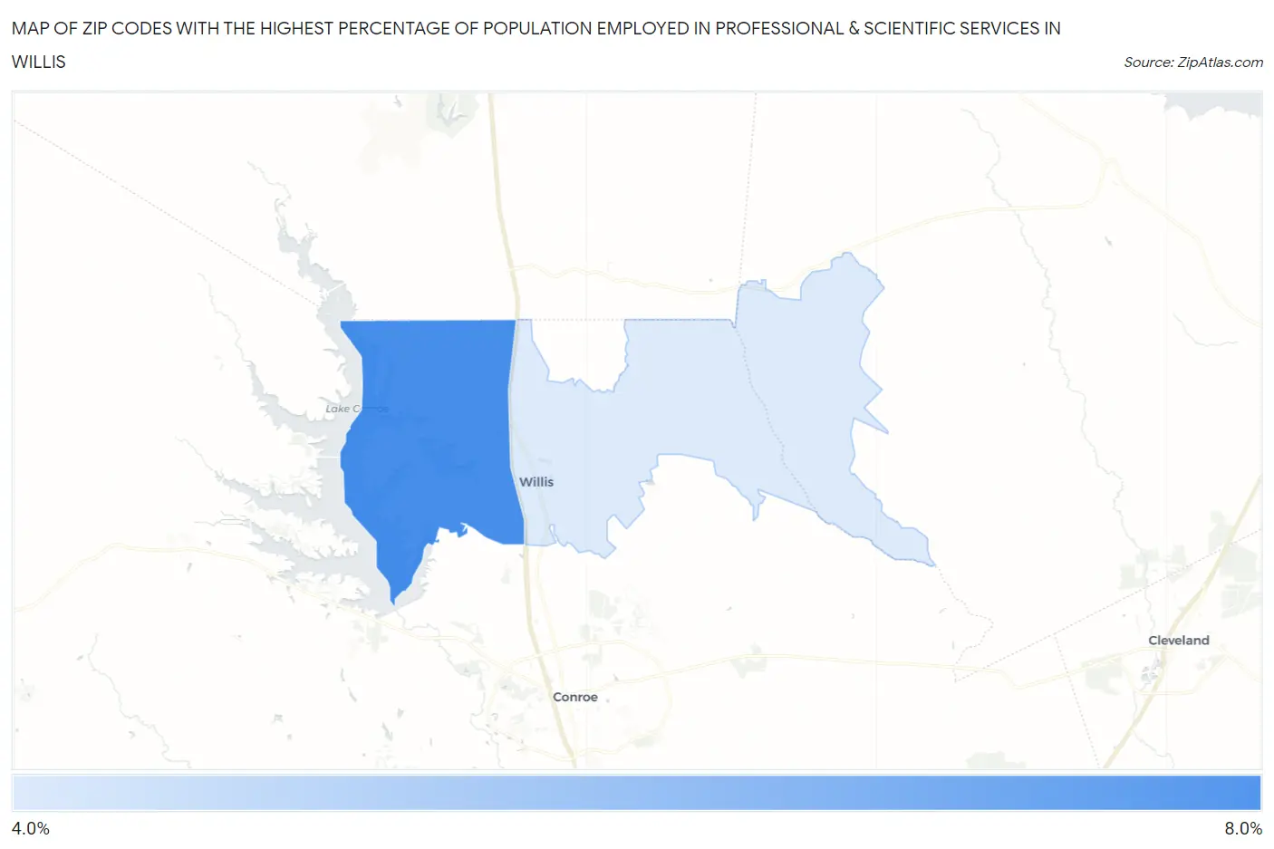 Zip Codes with the Highest Percentage of Population Employed in Professional & Scientific Services in Willis Map
