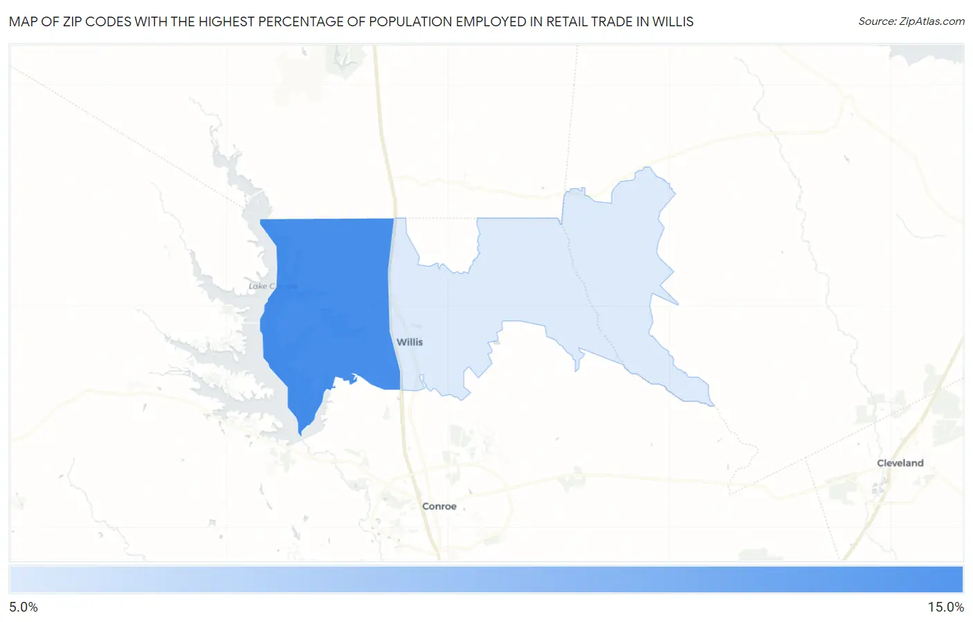 Zip Codes with the Highest Percentage of Population Employed in Retail Trade in Willis Map