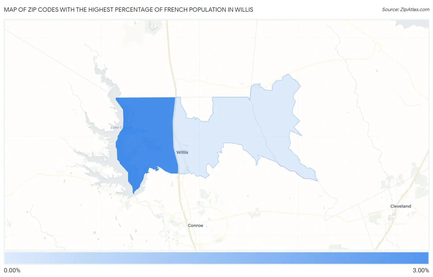 Zip Codes with the Highest Percentage of French Population in Willis Map
