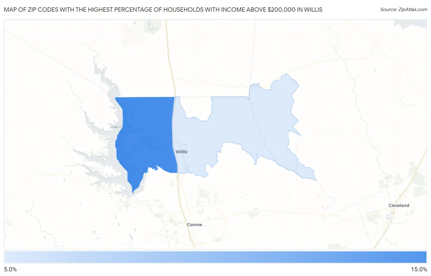 Zip Codes with the Highest Percentage of Households with Income Above $200,000 in Willis Map