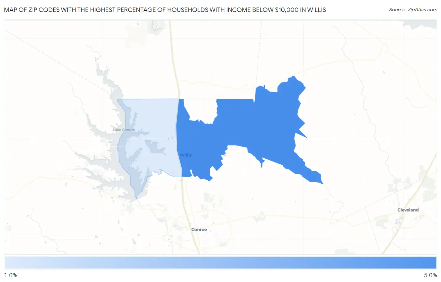Zip Codes with the Highest Percentage of Households with Income Below $10,000 in Willis Map