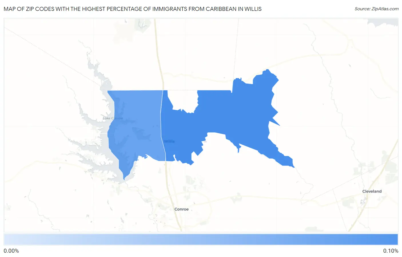 Zip Codes with the Highest Percentage of Immigrants from Caribbean in Willis Map