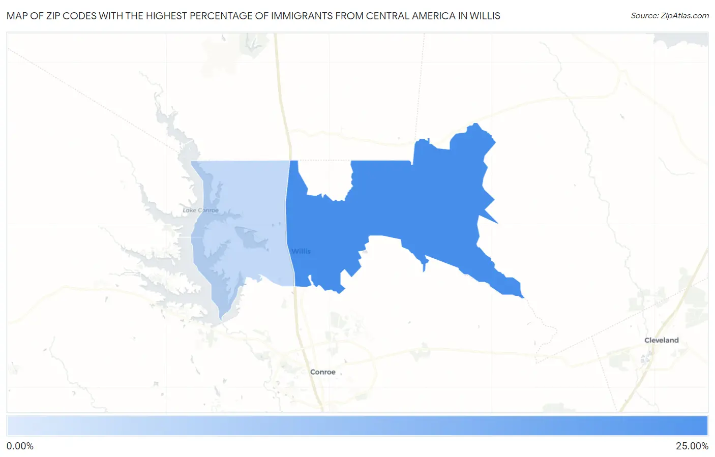 Zip Codes with the Highest Percentage of Immigrants from Central America in Willis Map