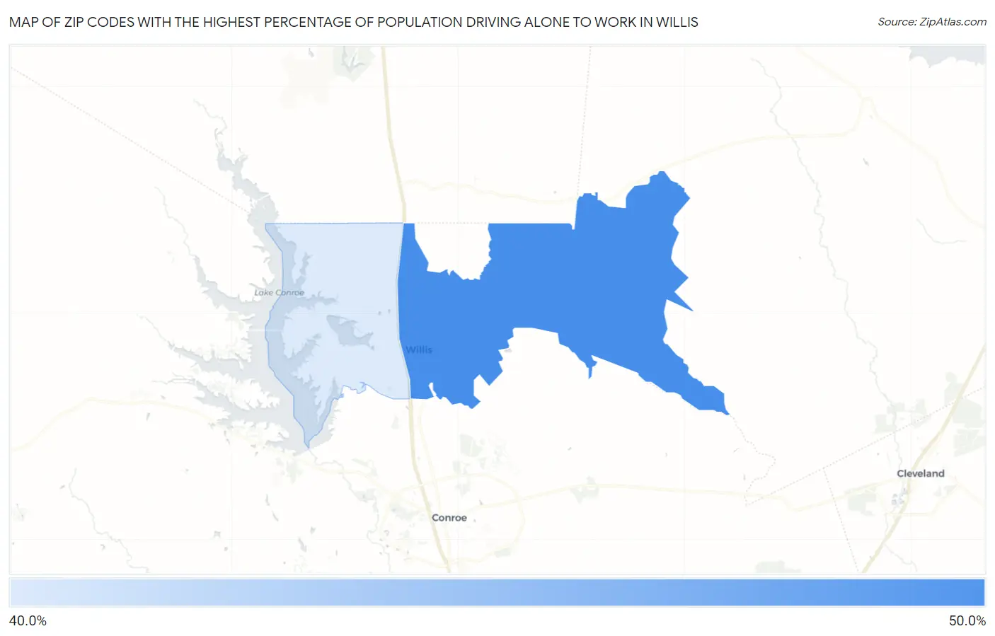 Zip Codes with the Highest Percentage of Population Driving Alone to Work in Willis Map